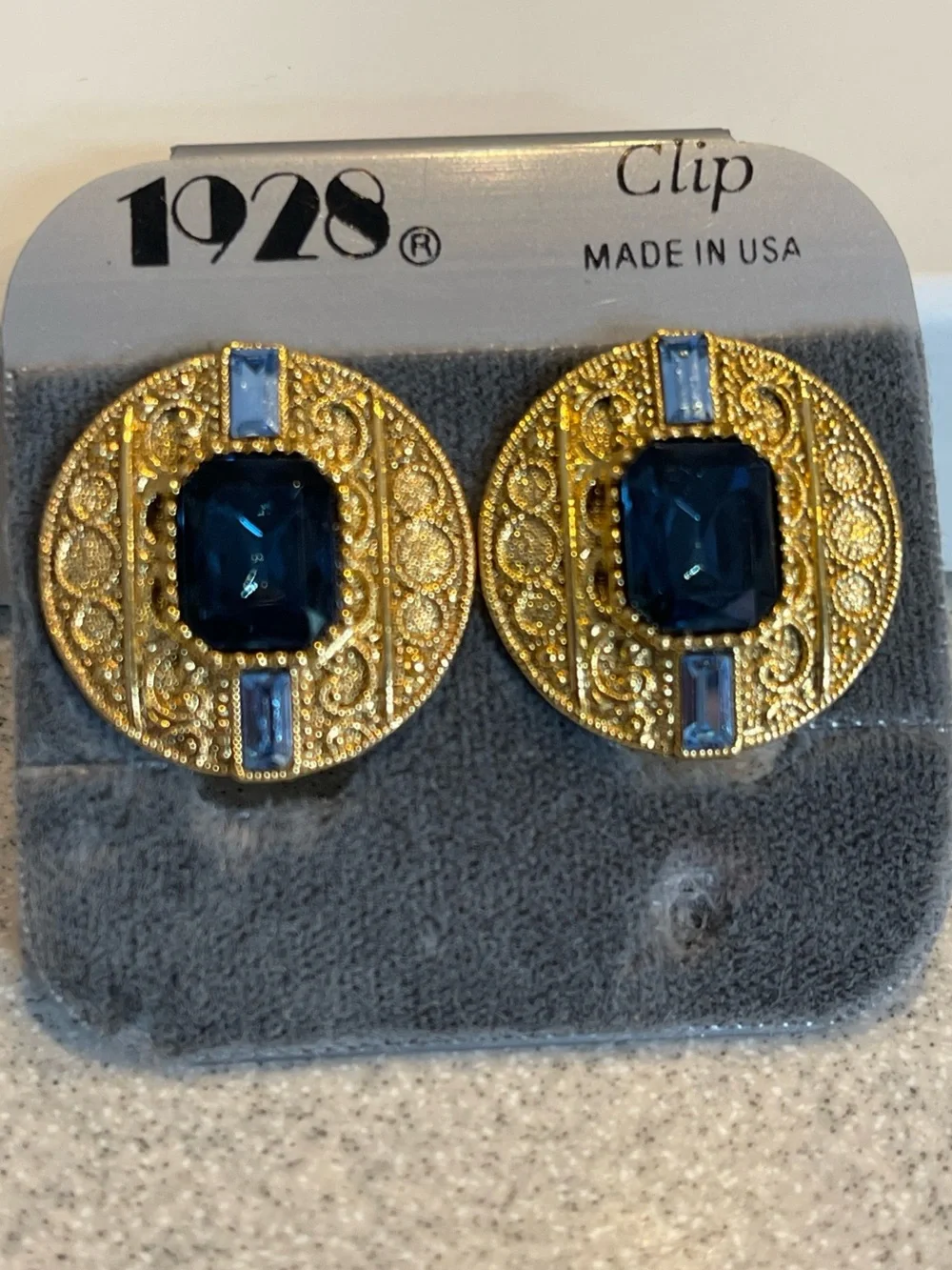 1928 brand Round Clip-on Earrings with navy and light blue glass rhinestones-NWT